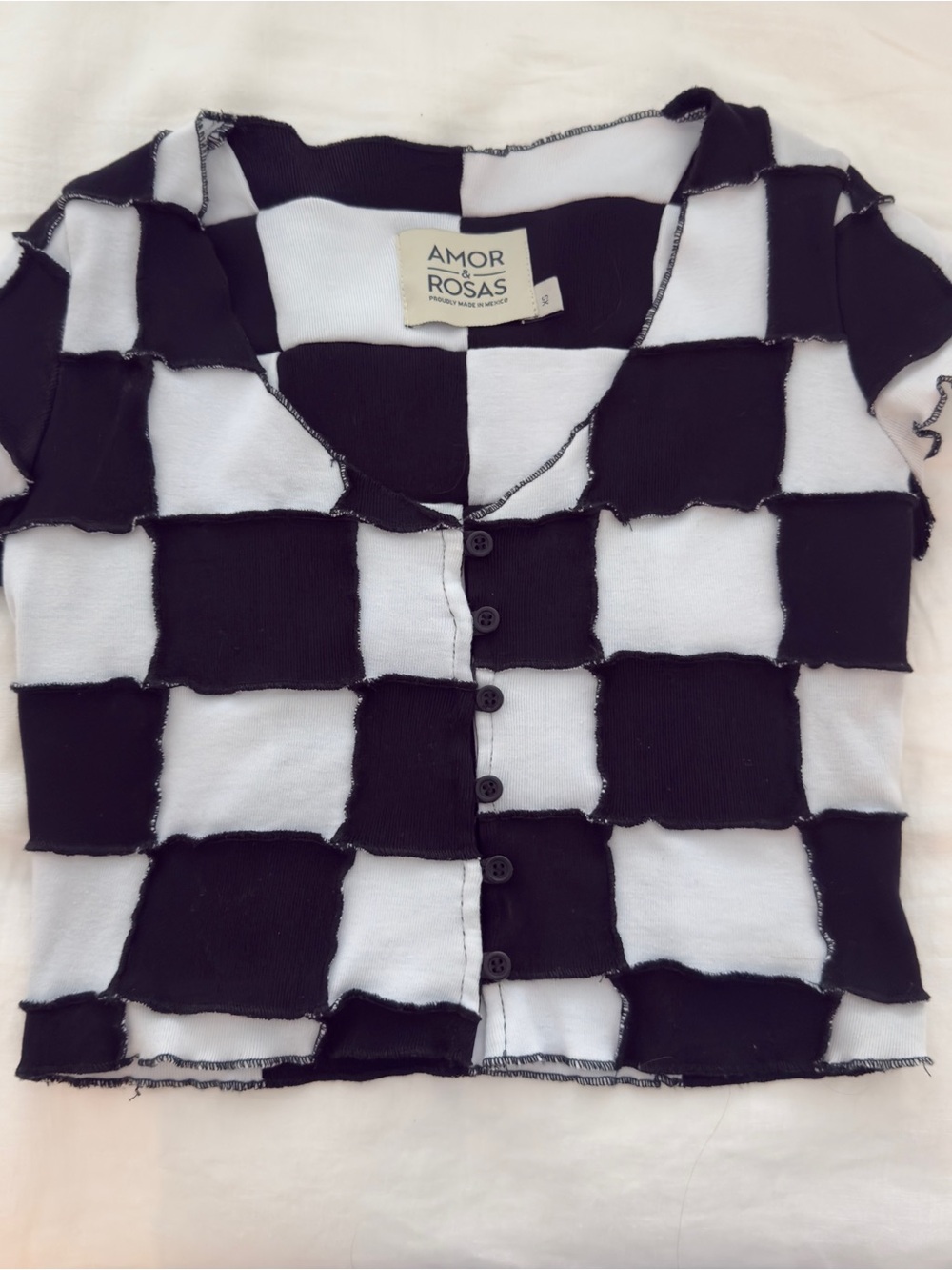 Black & White made in Mexico City Checker Crop Button Top